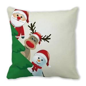 Close-up of Santa Claus and reindeer print on peach skin festive pillow cover