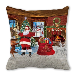 Close-up of Santa Claus and fireplace print on a festive peach skin pillowcase