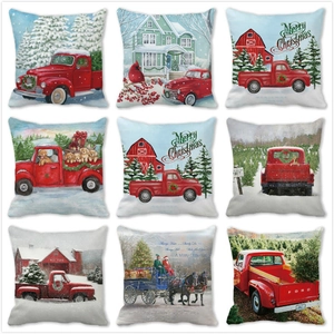 Christmas Pillowcase Peach Skin Velvet Winter Truck Snow Scene Farmhouse Cushion Cover For Holiday Sofa Decor