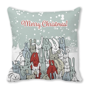 Detail of square Christmas pillowcase with rabbit illustrations and Merry Christmas text