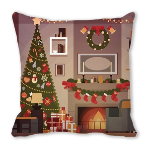 Detail of Christmas pillowcase featuring festive fireplace and decorated tree illustration