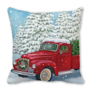 Red retro Christmas truck pillowcase with pine tree and peach skin velvet texture