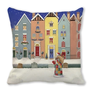 Detail showing a white Christmas pillowcase with Nordic village and Santa illustration