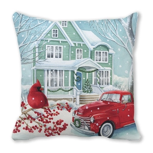 Christmas truck cushion cover with red pickup and winter cottage print on peach skin