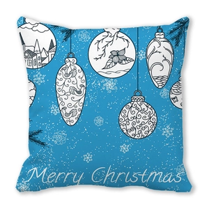 Funda de cojín de piel de melocotón azul con adornos y texto de Merry Christmas