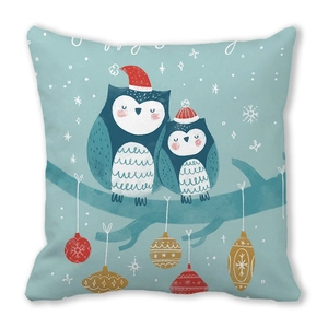 Christmas pillowcase featuring cute owls with Santa hats on light blue snowy background