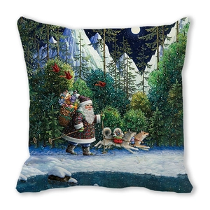 Detail of Christmas pillow cover showing Santa and husky in a snowy forest scene