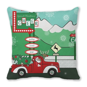 Detail view of cartoon Santa truck print on peach skin velvet Christmas cushion cover