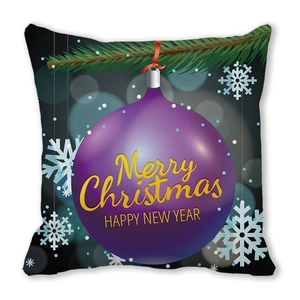 Funda de cojín navideña con bola púrpura y texto Merry Christmas sobre tela negra