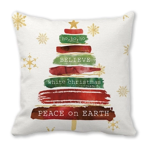 Nordic Christmas tree square pillow with red and green brushstrokes on white background