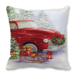 Christmas pillow cover with vintage red truck and sled graphics on white fabric