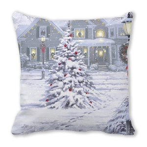 Detailed view of Santa and snowman pillowcase with festive winter oil painting print
