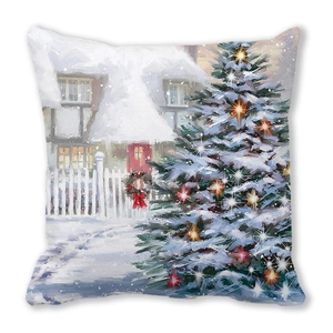 Detail of Christmas pillow cover featuring a winter oil painting with snowy tree and house