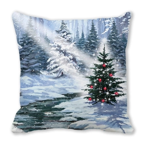 Detailed Christmas pillow case print showing a snowy forest and a festive Christmas tree