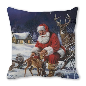Detailed Christmas pillow case featuring Santa and deer in vintage oil painting style