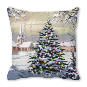 Detail of oil painting style Santa Snowman Christmas tree pillowcase on peach skin fabric