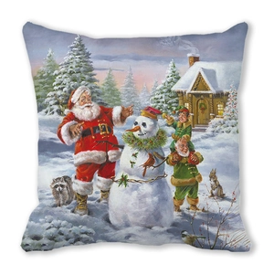Detail of square pillowcase with vintage Santa and snowman print on soft peach skin fabric