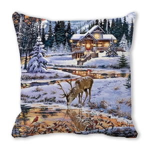 Detailed winter cabin oil painting print on square Christmas reindeer pillowcase