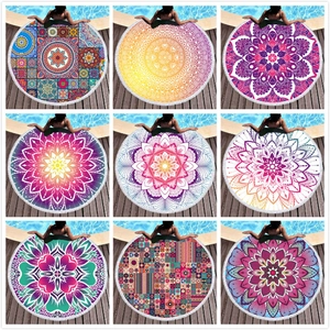 Round Beach Towel Microfiber Mandala Print Tassels Absorbent Quick Dry Bohemian Picnic Blanket For Summer