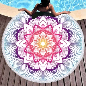 Mandala circular beach towel with pink gradient lotus pattern and white fringe tassels