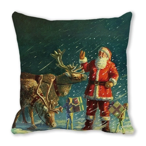 Retro oil painting Santa and reindeer Christmas pillowcase in soft peach skin fabric