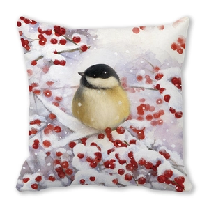 Detailansicht von Wintervogel und roten Beeren Aquarelldruck auf quadratischem Kissenbezug
