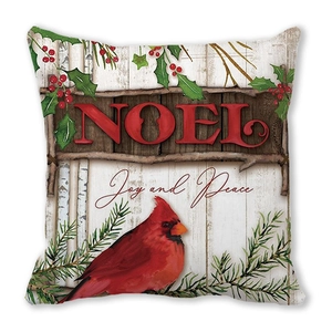 Weihnachts-Kissenbezug mit rotem Kardinalvogel, Noel-Text auf weißem Holzgrund