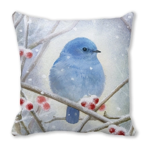 Detailstruktur der Kissenhülle aus Pfirsichhaut mit Aquarell-Blauvogel- und Beerenmuster