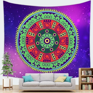 Vibrant mandala tapestry with galaxy backdrop hanging as interior wall decoration