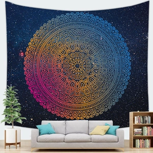 Starry sky mandala tapestry featuring vibrant blue and orange galaxy patterns for wall decor