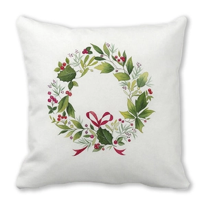 Detail of white peach skin cushion cover with watercolor Christmas wreath and red bow