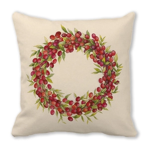Christmas wreath throw pillow cover featuring red berries on soft peach skin fabric