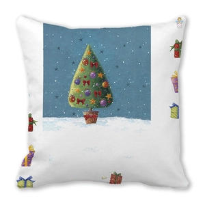 Detail of Christmas tree print on white pillowcase with colorful holiday gift patterns