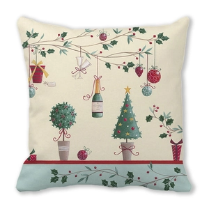 Detail of Christmas pillowcase featuring hand-drawn trees, champagne, and gift box patterns