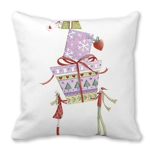 Detail of Christmas pillowcase showing festive hand-drawn gift boxes on white fabric