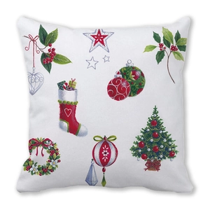 Detail of Christmas wreath pillowcase with hand-drawn festive stockings and berries print