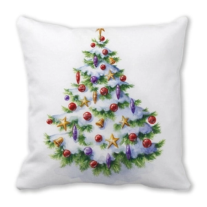 Close-up of Christmas tree watercolor print on square peach skin pillowcase
