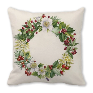 Christmas wreath throw pillow cover with red berries and white flowers on ivory fabric