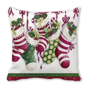 Detail of Christmas wreath pillowcase showing festive socks and candy cane print