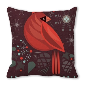 Detail view of bird and pine cone print on minimalist peach skin pillowcase