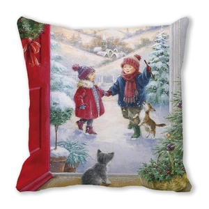 Funda de cojín navideña minimalista con escena invernal en acuarela y puerta roja festiva