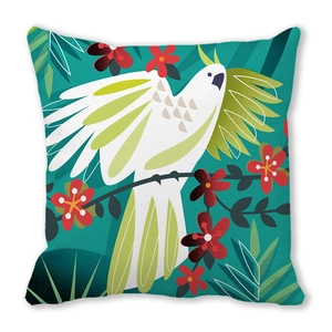 Close-up of tropical cockatoo and red flowers print on square peach skin pillowcase