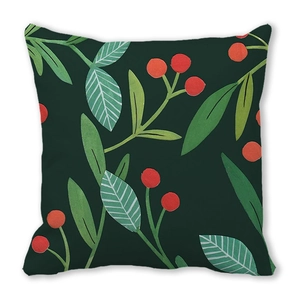 Detailed pattern of minimalist green leaves and red berries on a peach skin pillow cover