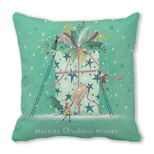 Detail view of mint green pillow cover with festive Christmas gift and elf illustration