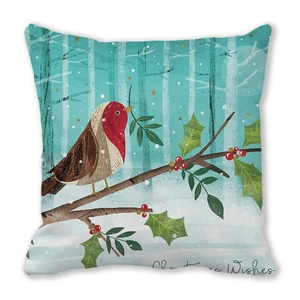 Detail of Christmas Wishes pillow cover with robin bird illustration and holly leaves print
