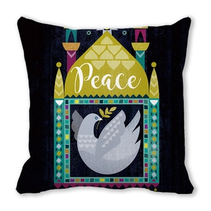 Detail of artistic Peace dove print on minimalist soft peach skin pillowcase cover
