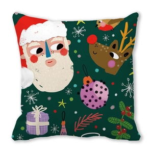 Detail of dark green Christmas pillowcase with festive Santa and reindeer illustration
