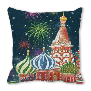 Close-up of Saint Basil Cathedral and fireworks print on square peach skin pillowcase