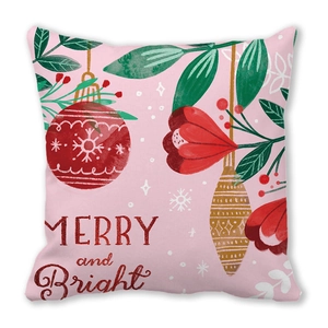 Detail view of pink peach skin pillowcase with Merry and Bright Christmas illustration