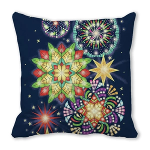 Macro detail of star pattern on deep blue square pillowcase made of soft peach skin fabric